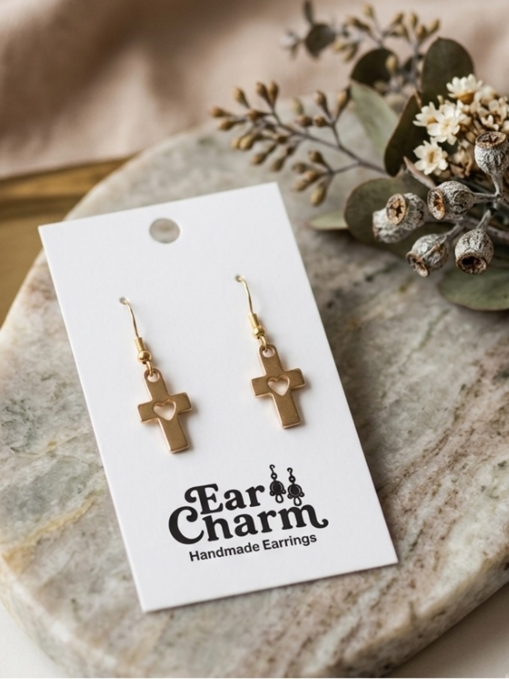 New Gold Tone Cross Heart Dangle Earrings